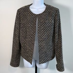 Vintage Black & Cream Printed Collarless Lape-less Blazer Jacket by Dana Buchman
